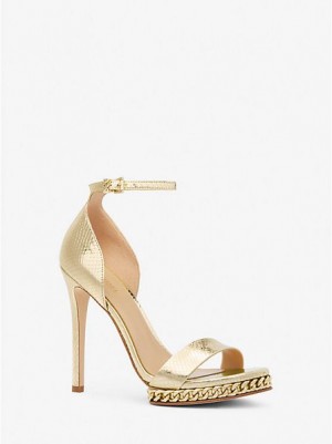 Michael Kors Jordyn Embellished Metallic Snake Embossed Nahkaiset Naisten Platform Sandaalit Kultaiset | 316072-TOA