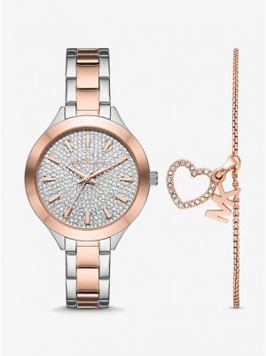 Michael Kors Pave And Heart Bracelet Set Naisten Kellot Hopea Pinkki | 460287-FYO