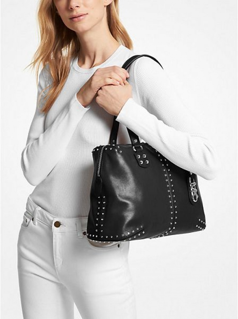 Michael Kors Astor Large Studded Nahkaiset Miesten Kangaskassit Mustat | 315048-DIZ