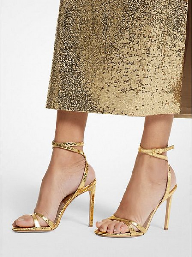 Michael Kors Chrissy Metallic Python Embossed Nahkaiset Naisten Sandaalit Kultaiset | 230671-QJI