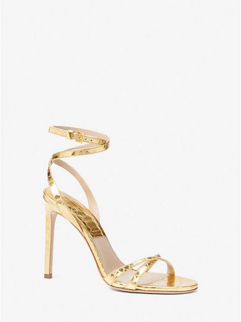 Michael Kors Chrissy Metallic Python Embossed Nahkaiset Naisten Sandaalit Kultaiset | 230671-QJI