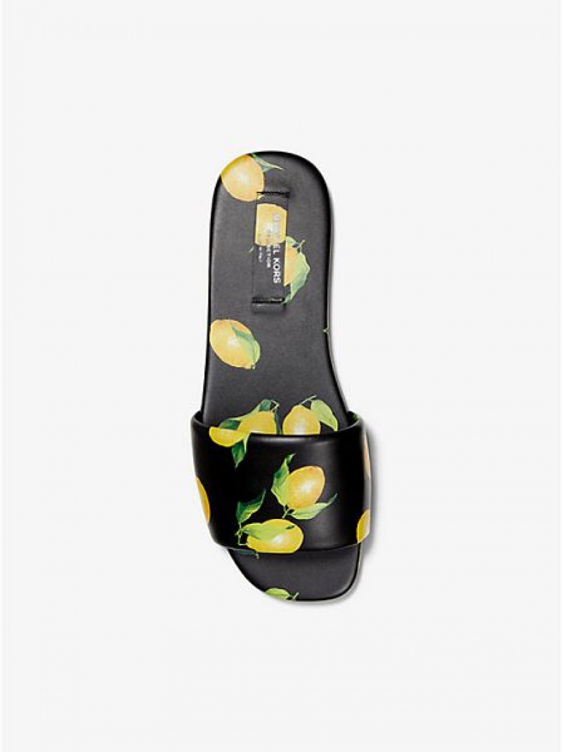 Michael Kors Delphine Lemon-print Nahkaiset Naisten Slide Sandaalit Mustat | 973825-IHU