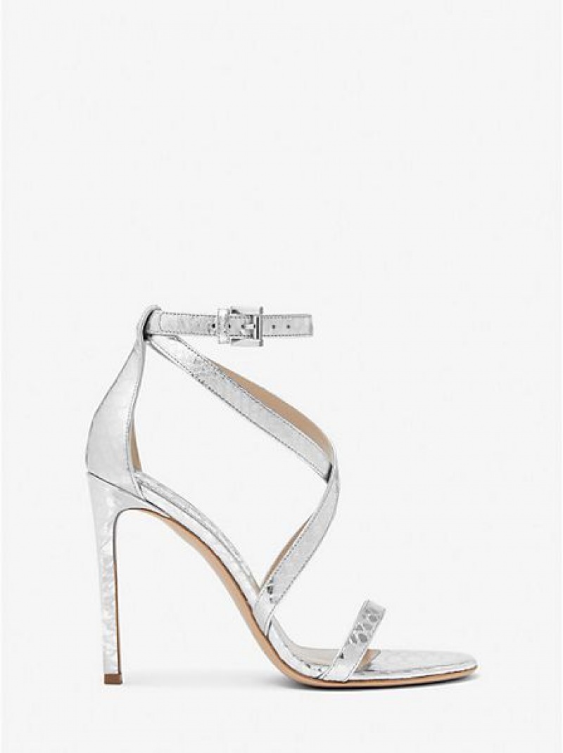 Michael Kors Ingrid Metallic Python Embossed Nahkaiset Naisten Sandaalit Hopea | 613724-XUW