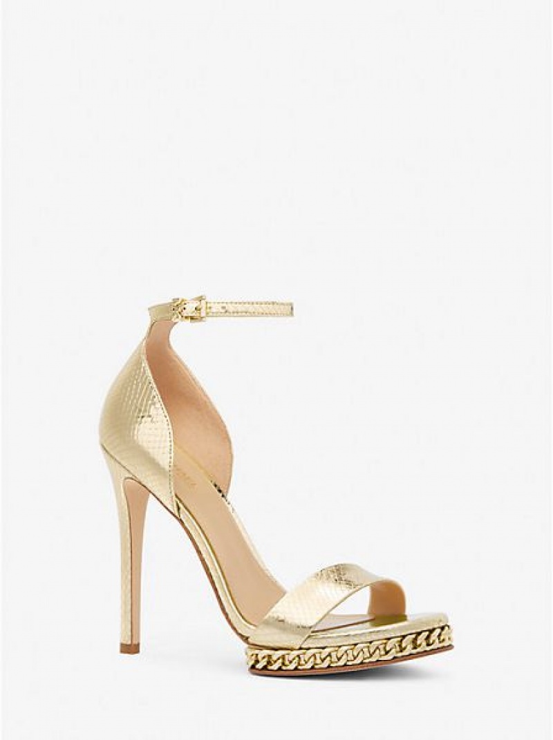 Michael Kors Jordyn Embellished Metallic Snake Embossed Nahkaiset Naisten Platform Sandaalit Kultaiset | 316072-TOA