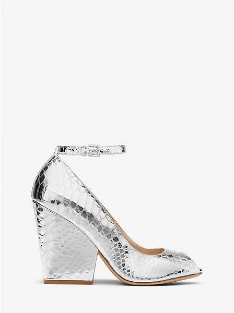 Michael Kors Julianne Metallic Python-embossed Nahkaiset Peep-toe Naisten Korkokengät Hopea | 148029-FJV