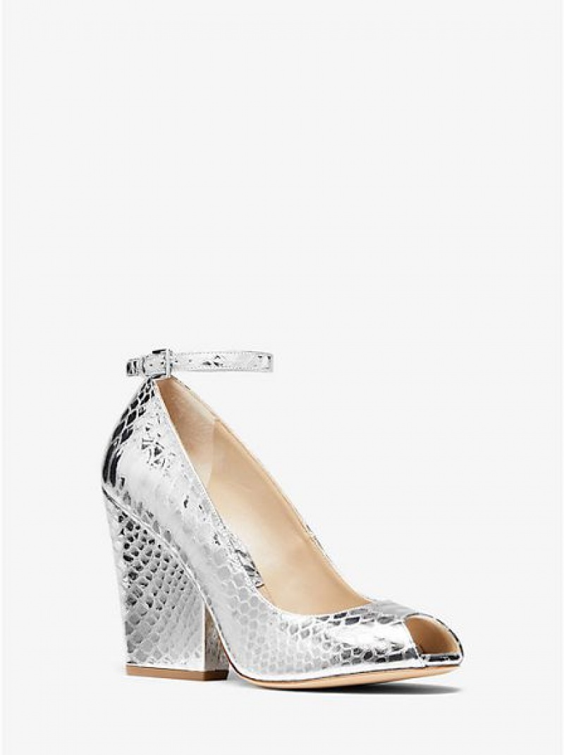 Michael Kors Julianne Metallic Python-embossed Nahkaiset Peep-toe Naisten Korkokengät Hopea | 148029-FJV