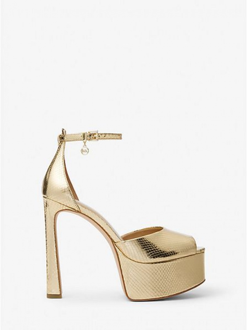 Michael Kors Martina Metallic Snake Embossed Nahkaiset Peep-toe Platform Naisten Korkokengät Kultaiset | 920417-UTH