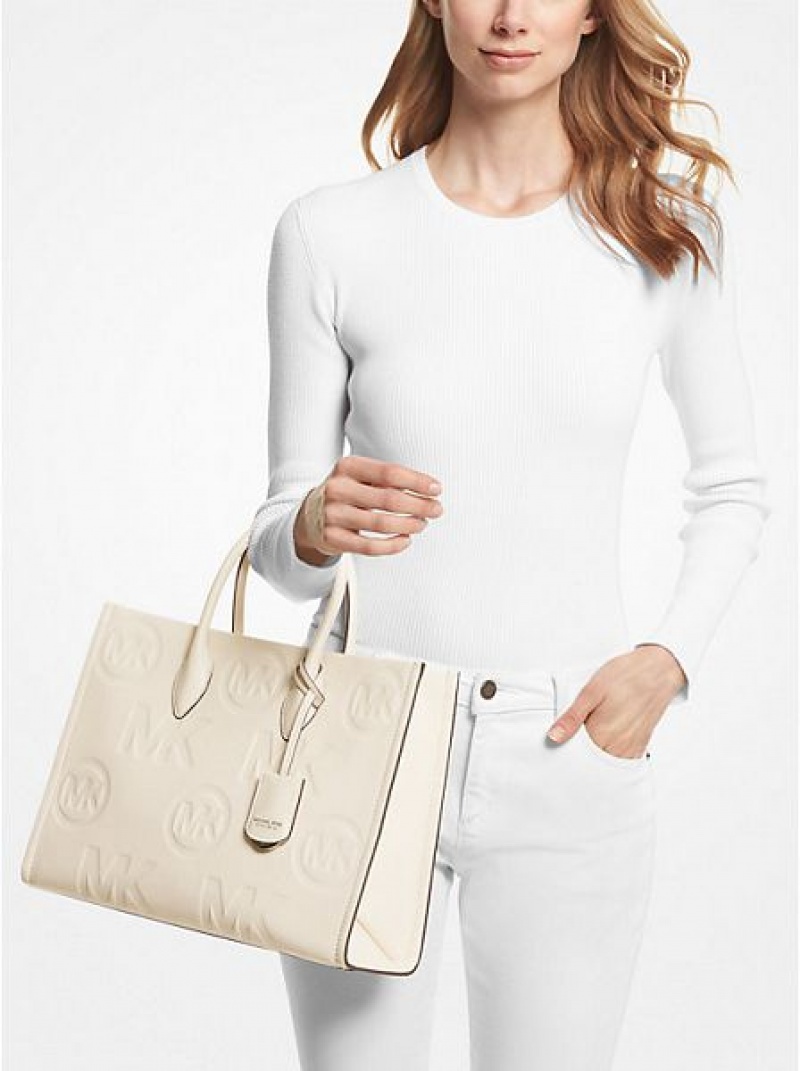 Michael Kors Mirella Medium Logo Embossed Pebbled Nahkaiset Naisten Kangaskassit Kerma | 812540-LEJ