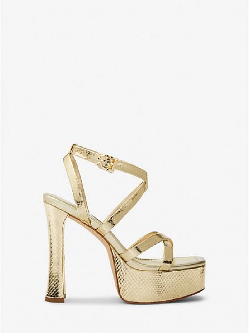 Michael Kors Paola Metallic Snake Embossed Nahkaiset Naisten Platform Sandaalit Kultaiset | 743912-DUW