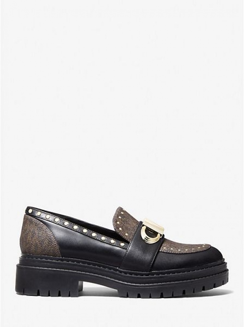 Michael Kors Parker Studded Nahkaiset And Logo Naisten Loafers Ruskea | 405138-NVO