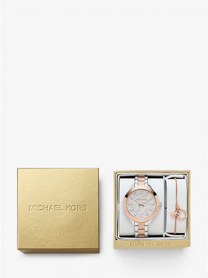 Michael Kors Pave And Heart Bracelet Set Naisten Kellot Hopea Pinkki | 460287-FYO