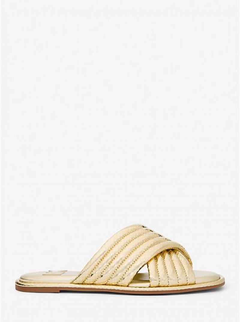 Michael Kors Portia Tikattu Metallic Snake Embossed Nahkaiset Naisten Slide Sandaalit Kultaiset | 849706-JOG