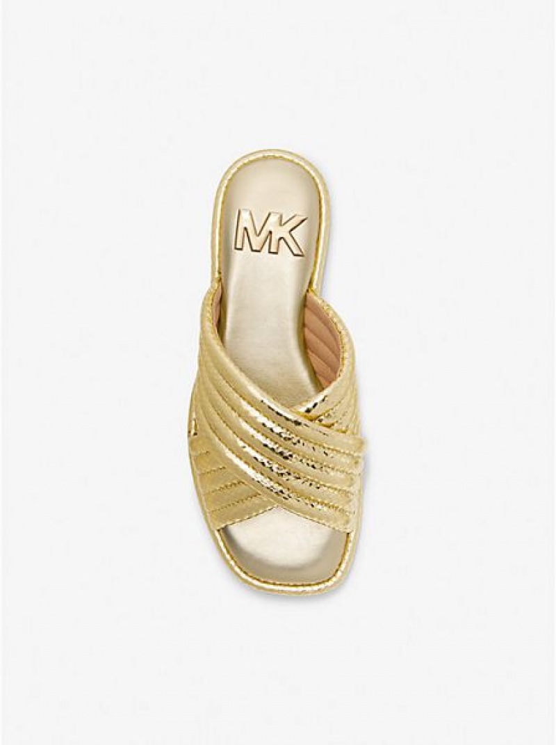 Michael Kors Portia Tikattu Metallic Snake Embossed Nahkaiset Naisten Slide Sandaalit Kultaiset | 849706-JOG