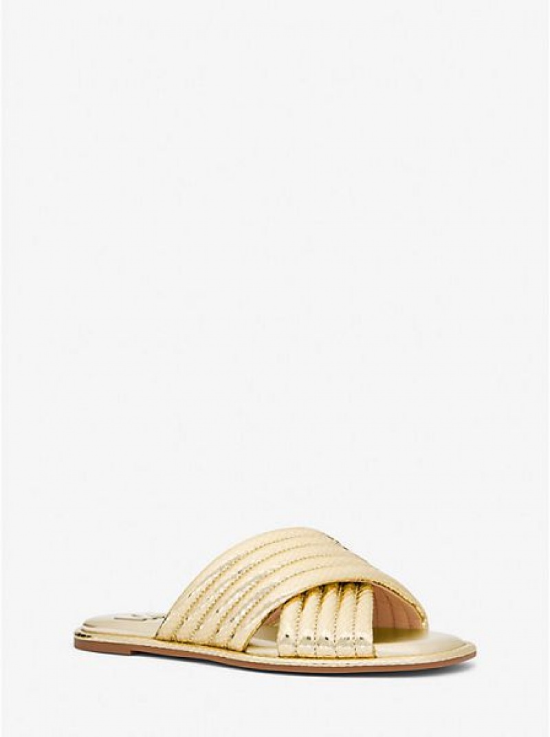 Michael Kors Portia Tikattu Metallic Snake Embossed Nahkaiset Naisten Slide Sandaalit Kultaiset | 849706-JOG