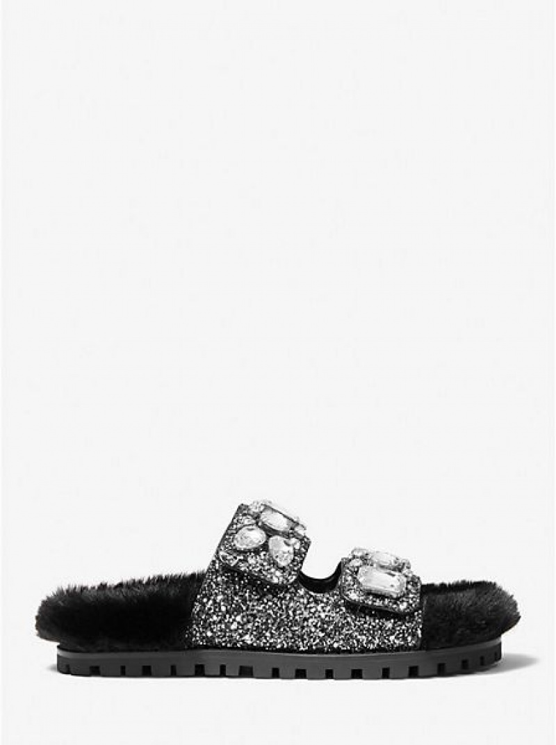 Michael Kors Stark Embellished Glitter And Faux Fur Naisten Slide Sandaalit Mustat Hopea | 104835-ZPH