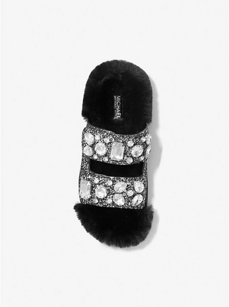 Michael Kors Stark Embellished Glitter And Faux Fur Naisten Slide Sandaalit Mustat Hopea | 104835-ZPH