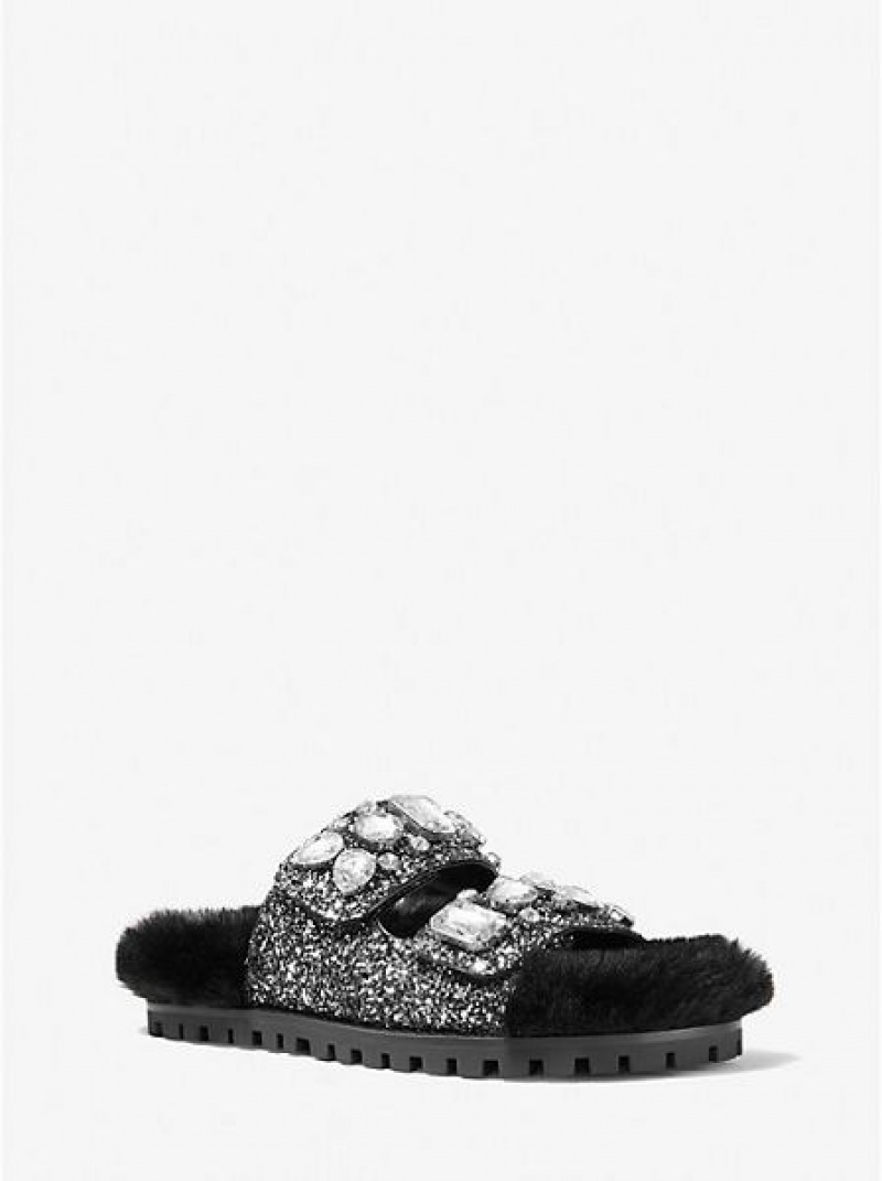 Michael Kors Stark Embellished Glitter And Faux Fur Naisten Slide Sandaalit Mustat Hopea | 104835-ZPH