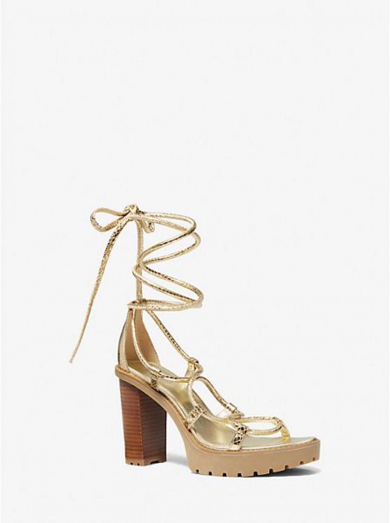 Michael Kors Vero Metallic Snake Embossed Nahkaiset Naisten Platform Sandaalit Kultaiset | 465091-XIA